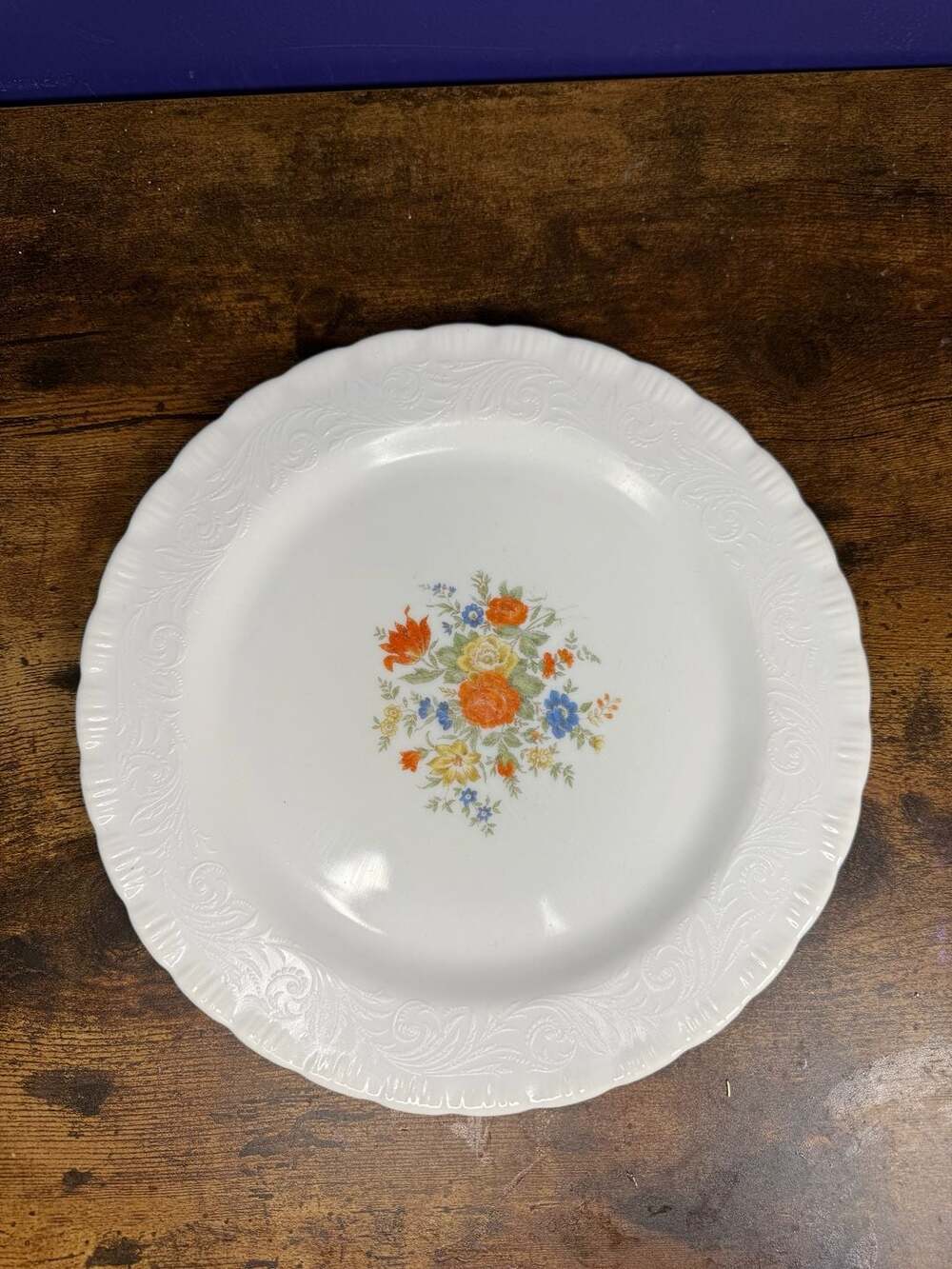 Vintage Floral Milk Glass Dinner Plate with Embossed Rim
